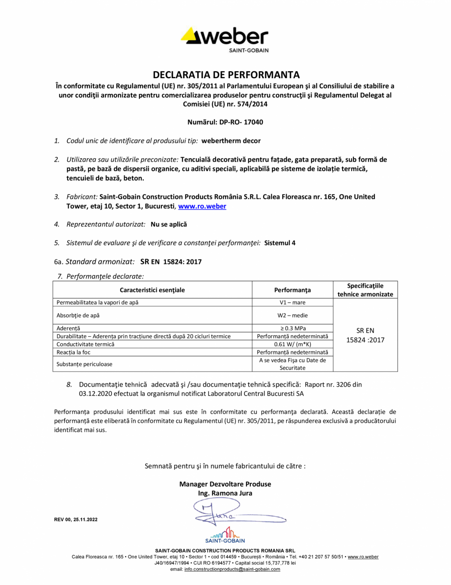 Pagina 1-Declaratie de performanta pentru tencuiala decorativa acrilica cu silicon WEBER webertherm decor...