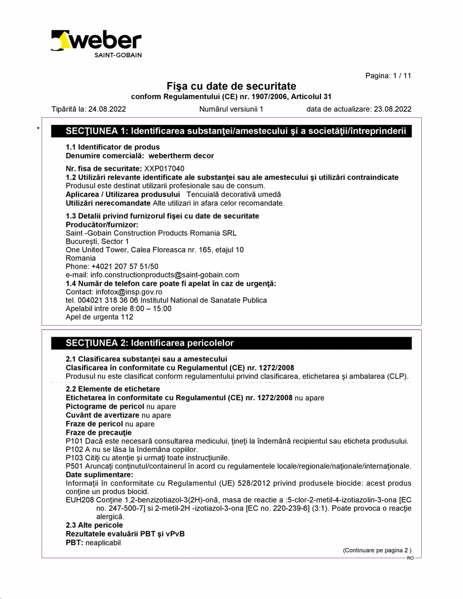 Pagina 1-Fisa cu datele de securitate pentru tencuiala decorativa acrilica cu silicon WEBER webertherm decor ...