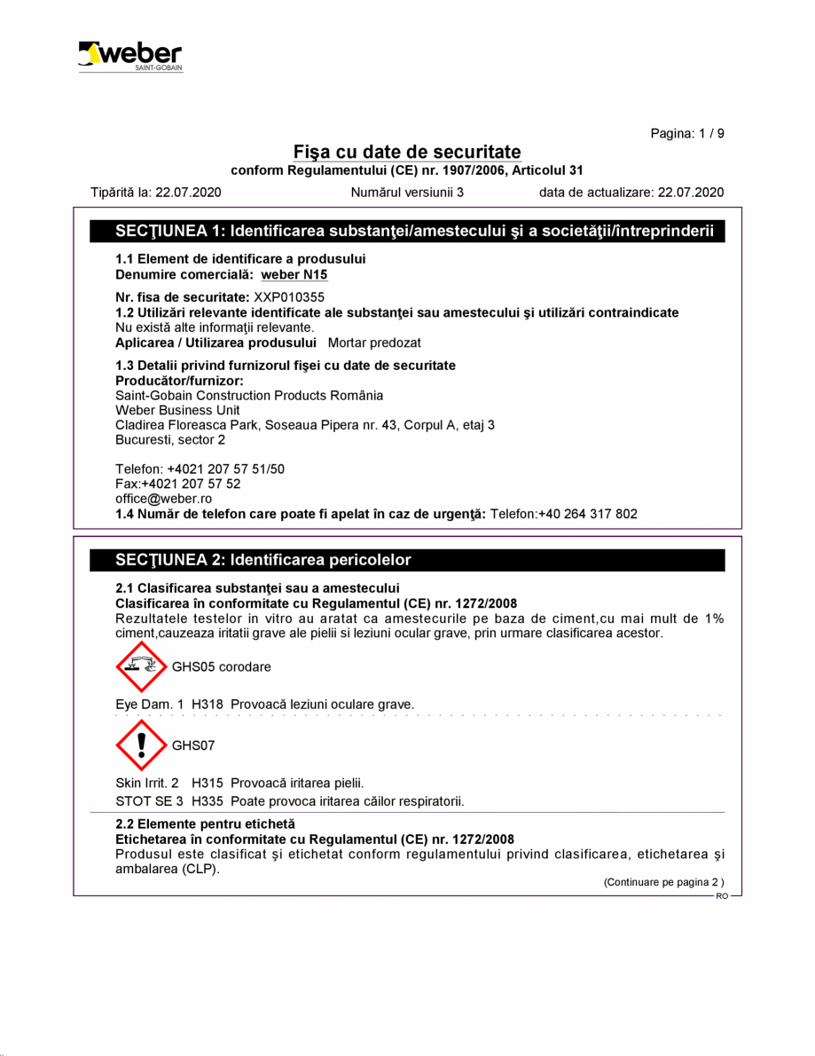 Pagina 1-Fisa cu datele de securitate pentru glet superalb pe baza de ciment  WEBER weber N15 Certificare...