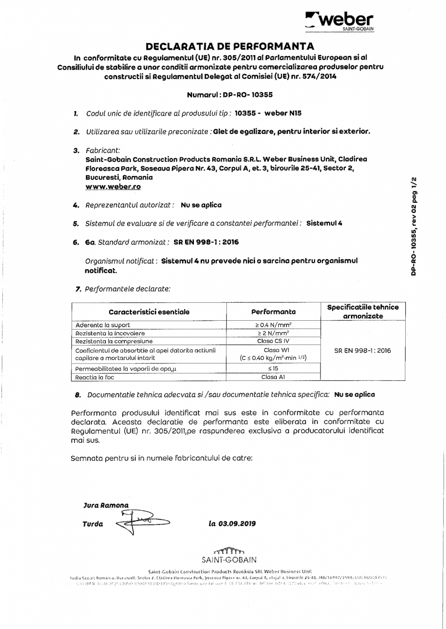 Pagina 1-Declaratia de performanta pentru glet superalb pe baza de ciment  WEBER weber N15 Certificare produs...