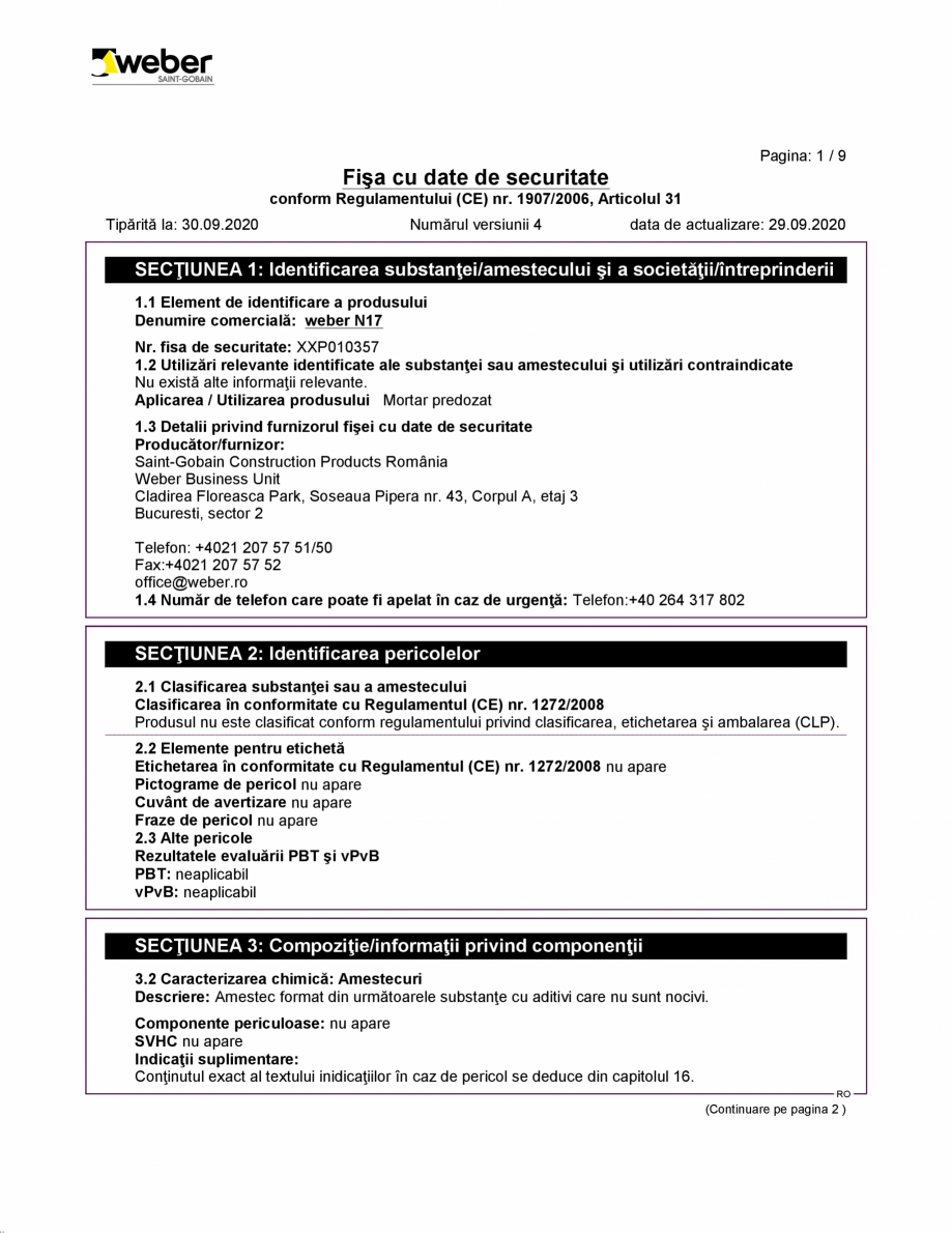 Pagina 1-Fisa cu datele de securitate pentru glet alb pe baza de ipsos WEBER weber N17 Certificare produs...