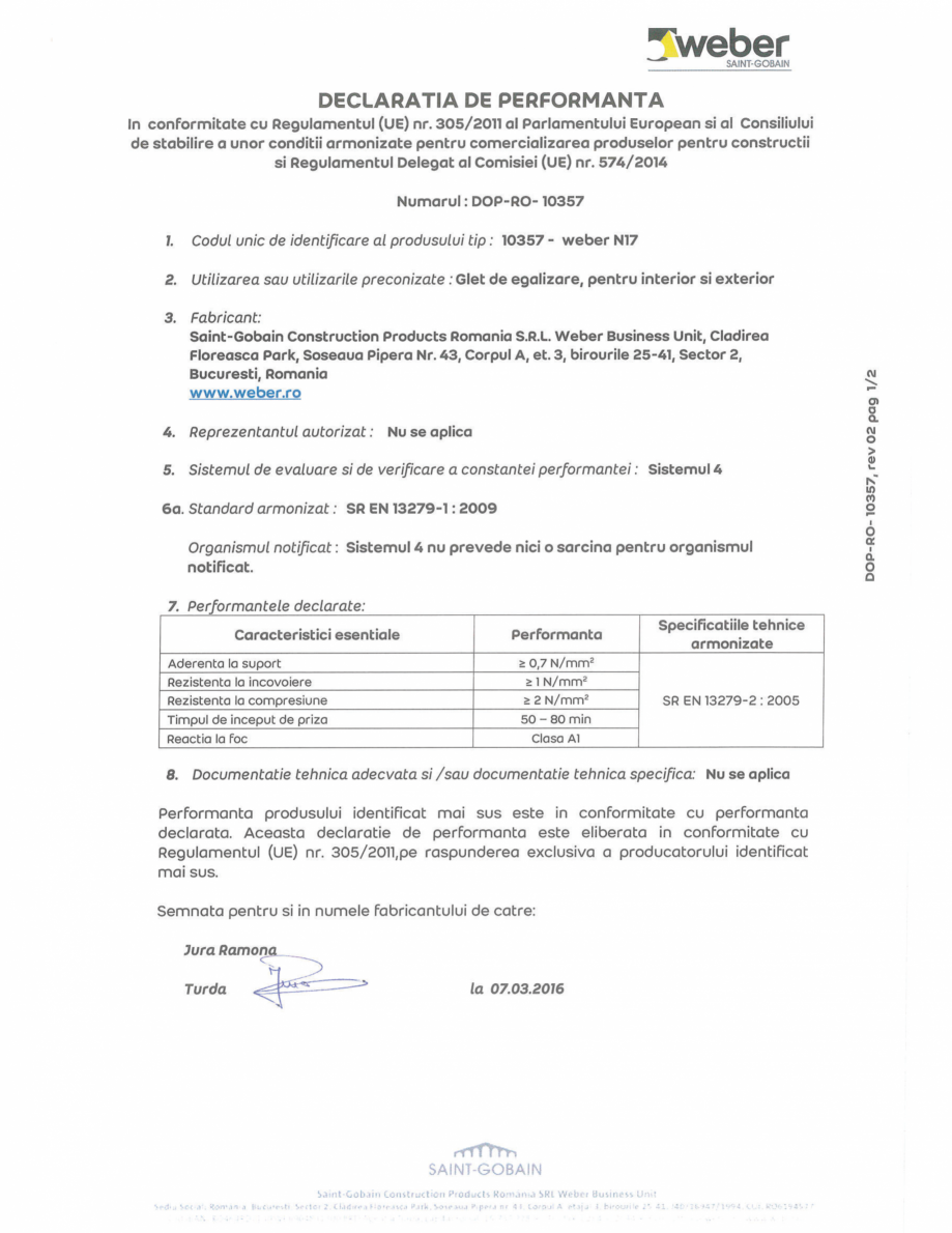 Pagina 1-Declaratia de performanta pentru glet alb pe baza de ipsos WEBER weber N17 Certificare produs Romana...