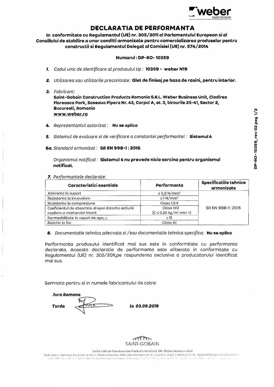 Pagina 1-Declaratia de performanta pentru glet superalb de finisaj  WEBER weber N19 Certificare produs Romana...