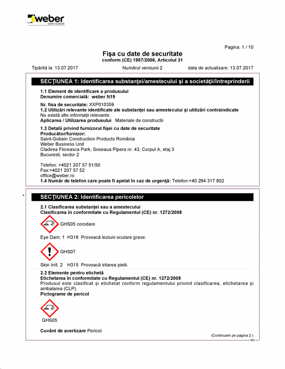 Pagina 1-Fisa cu datele de securitate pentru glet superalb de finisaj WEBER weber N19 Certificare produs...