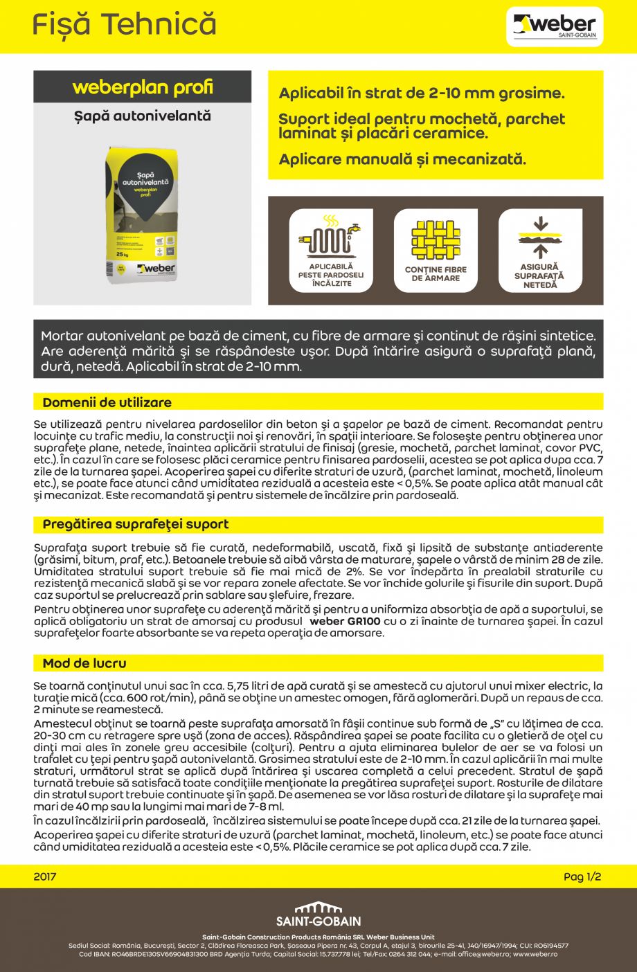 Pagina 1-Sapa autonivelanta WEBER WEBERPLAN PROFI Fisa tehnica Romana Fișă Tehnică
plan proﬁ
Șapă...
