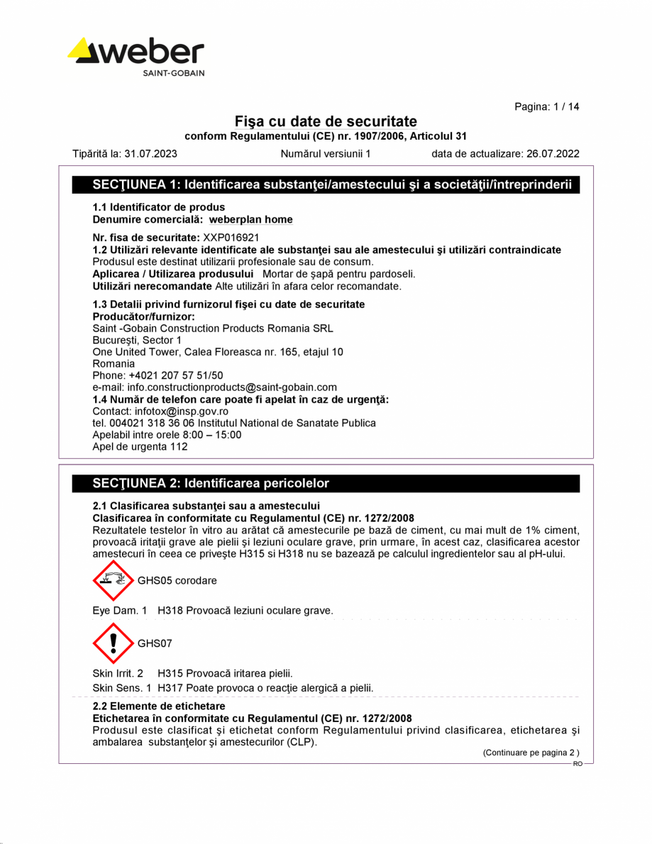 Pagina 1-Fisa cu datele de securitate pentru sapa autonivelanta rapida WEBER weberplan home Certificare...