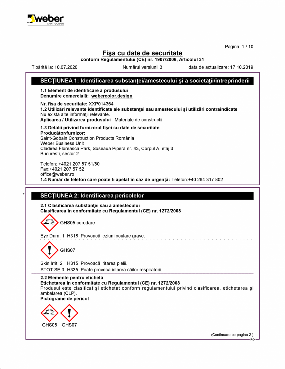 Pagina 1-Fisa cu datele de securitate pentru chit flexibil de rosturi pentru interior si exterior WEBER...