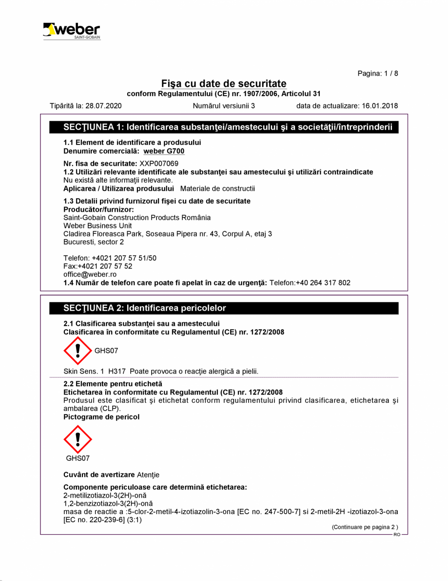 Pagina 1-Fisa cu datele de securitate pentru grund de amorsaj WEBER G700 Certificare produs Romana 51.0.12
...