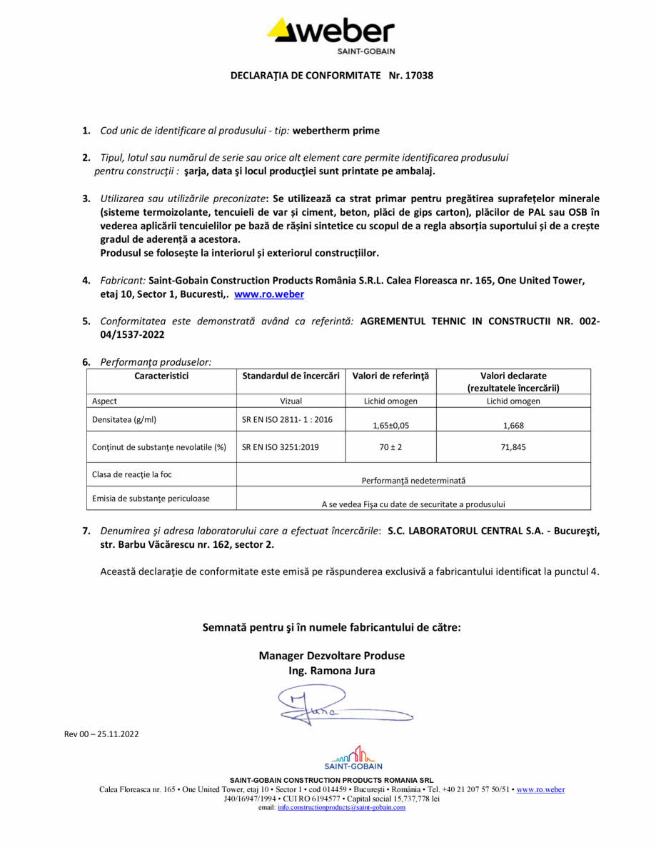 Pagina 1-Declaratie de confoirmitate pentru grund de amorsaj WEBER webertherm prime Certificare produs Romana...