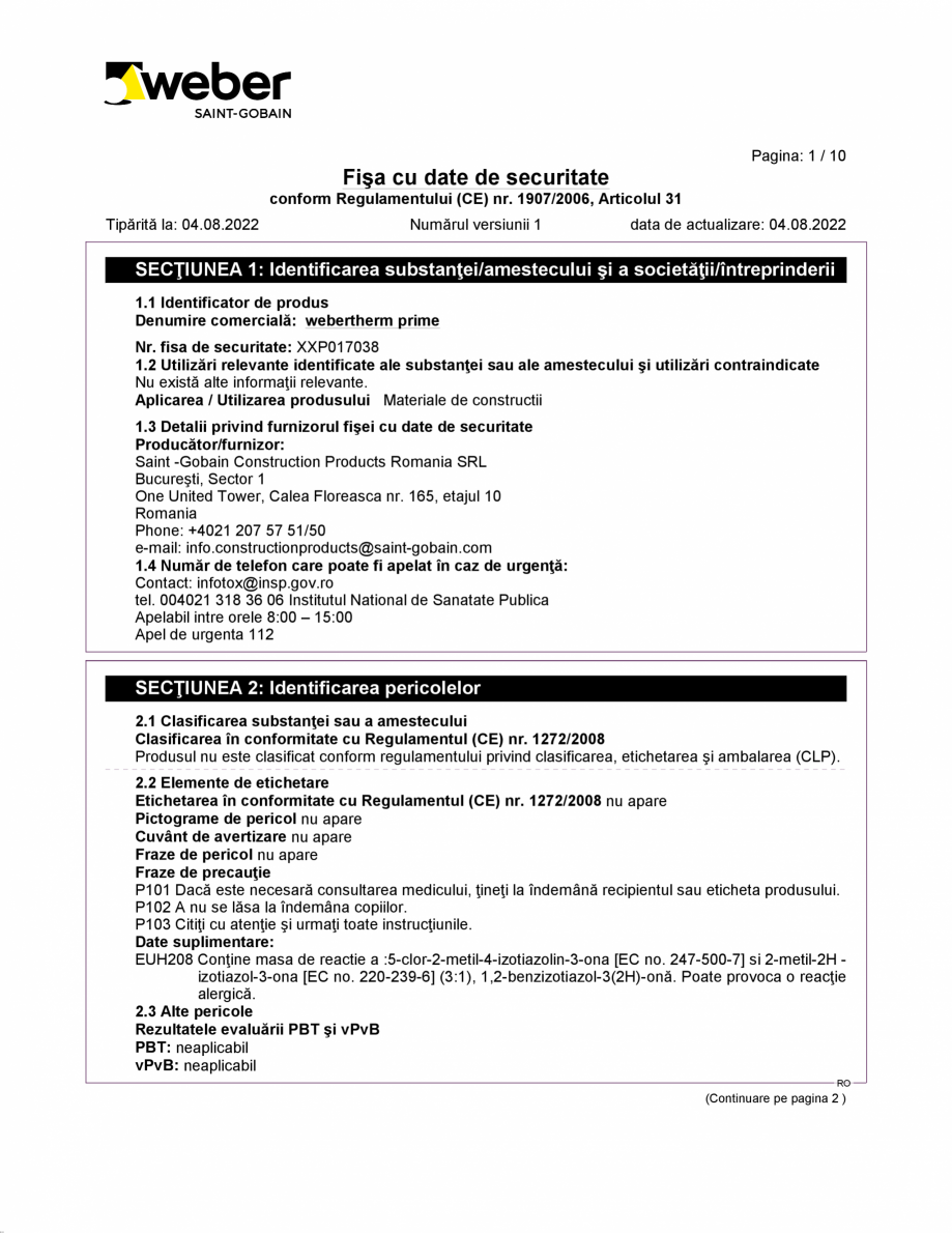 Pagina 1-Fisa cu datele de securitate pentru gund de amorsaj WEBER webertherm prime Certificare produs Romana...