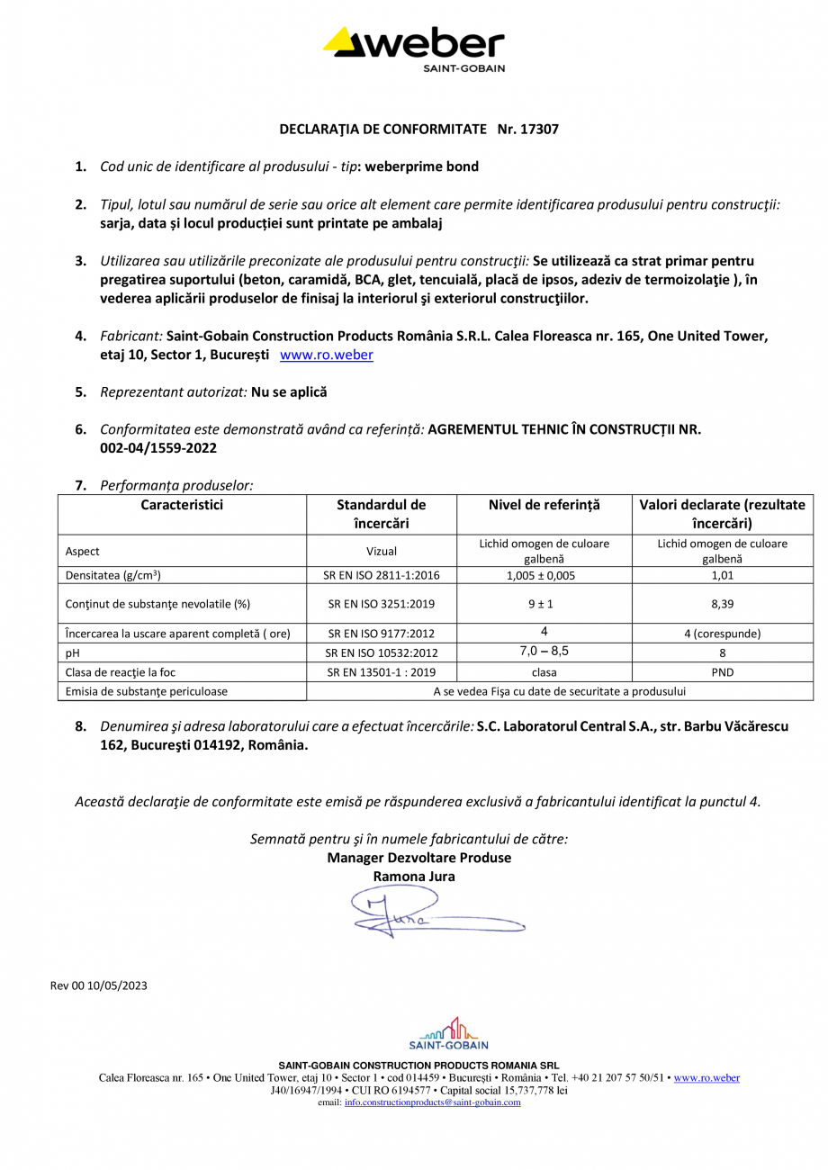 Pagina 1-Declaratie de conformitate pentru amorsa universala concentrata WEBER weberprime bond Certificare...