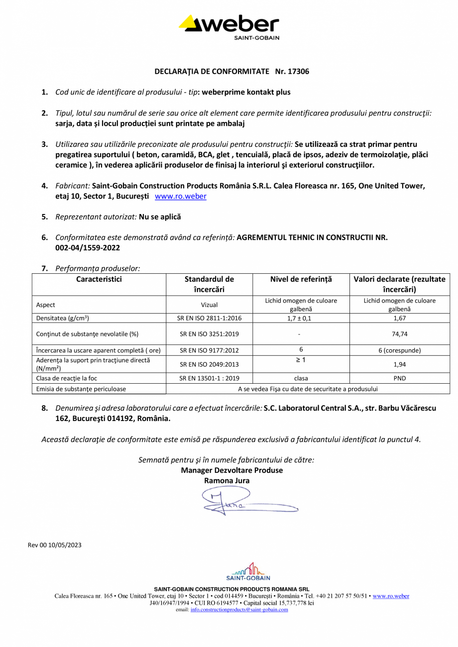 Pagina 1-Declaratie de conformitate pentru amorsa de contact profesionala WEBER weberprime kontact plus...