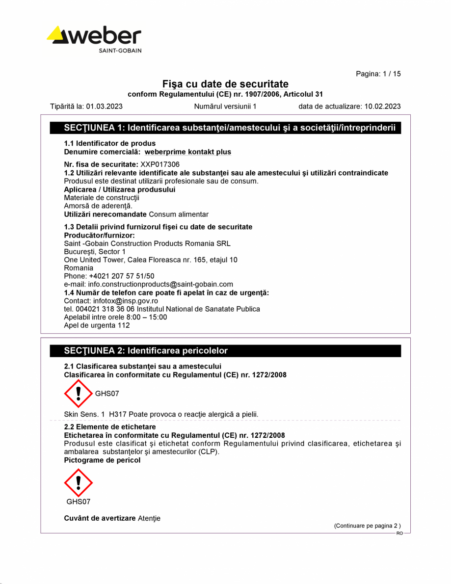 Pagina 1 - Fisa cu datele de securitate pentru amorsa de contact WEBER weberprime kontact plus...