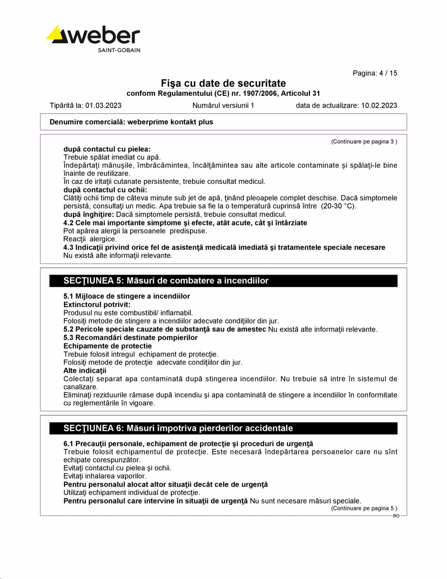 Fisa cu datele de securitate pentru amorsa de contact WEBER weberprime