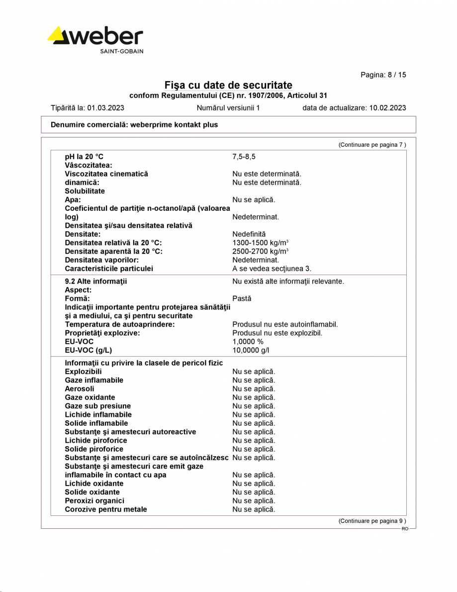 Fisa cu datele de securitate pentru amorsa de contact WEBER weberprime