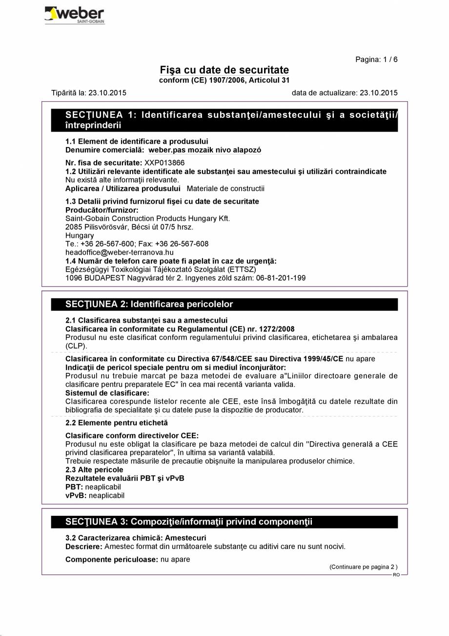 Pagina 1-Fisa cu datele de securitate pentru tencuiala decorativa de soclu WEBER WEBER.PAS MOZAIK Certificare...
