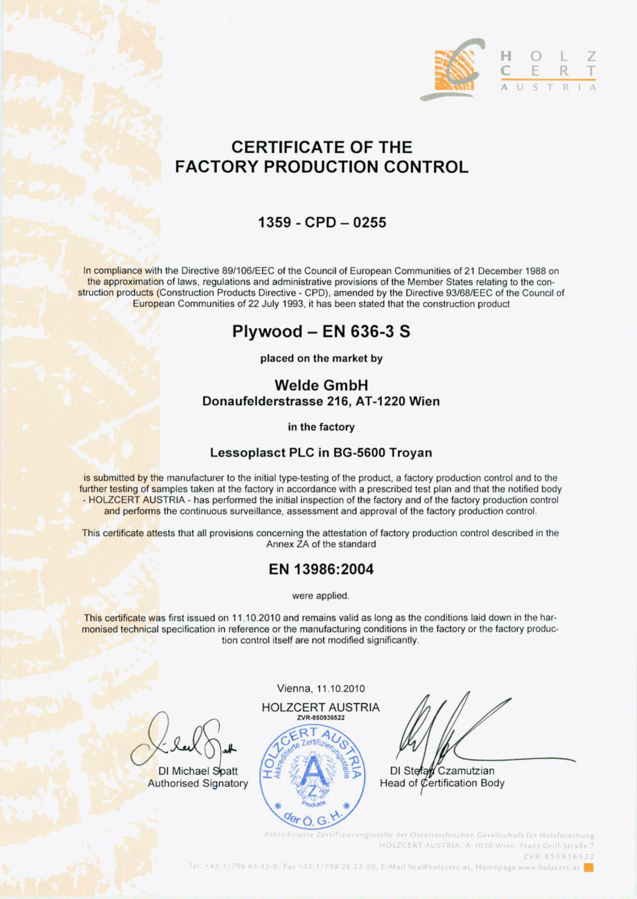Pagina 1-Certificat control productie placaj in fabrica WELDE TEGO Certificare produs Engleza 