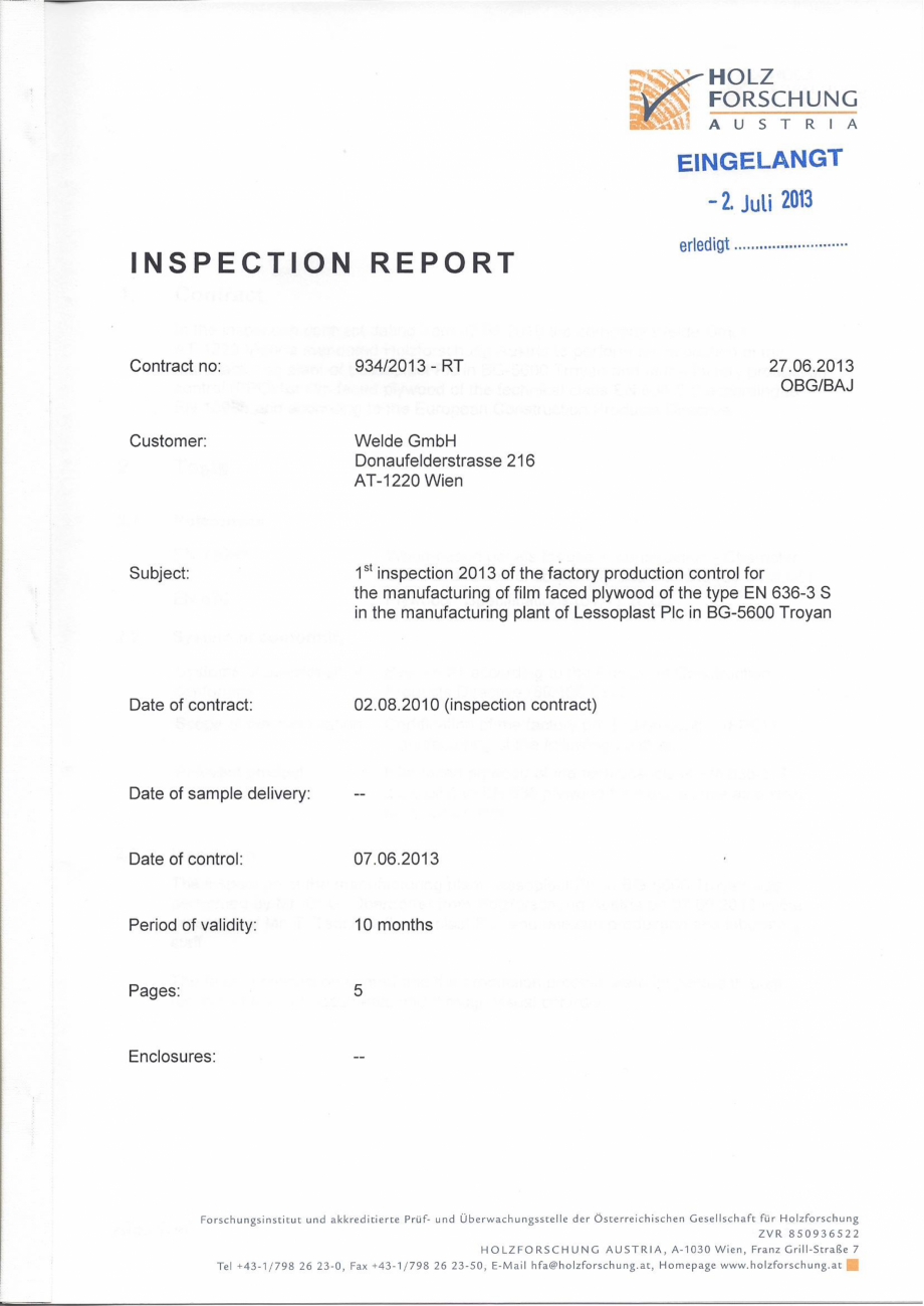 Pagina 1-Raport inspectie 2013 WELDE TEGO Certificare produs Engleza 