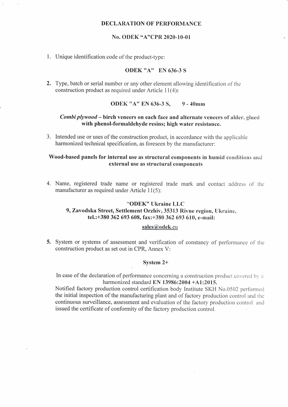 Pagina 1 - Declaratie de performanta ODEK "A" EN 636-3 S WELDE Certificare produs Engleza ...