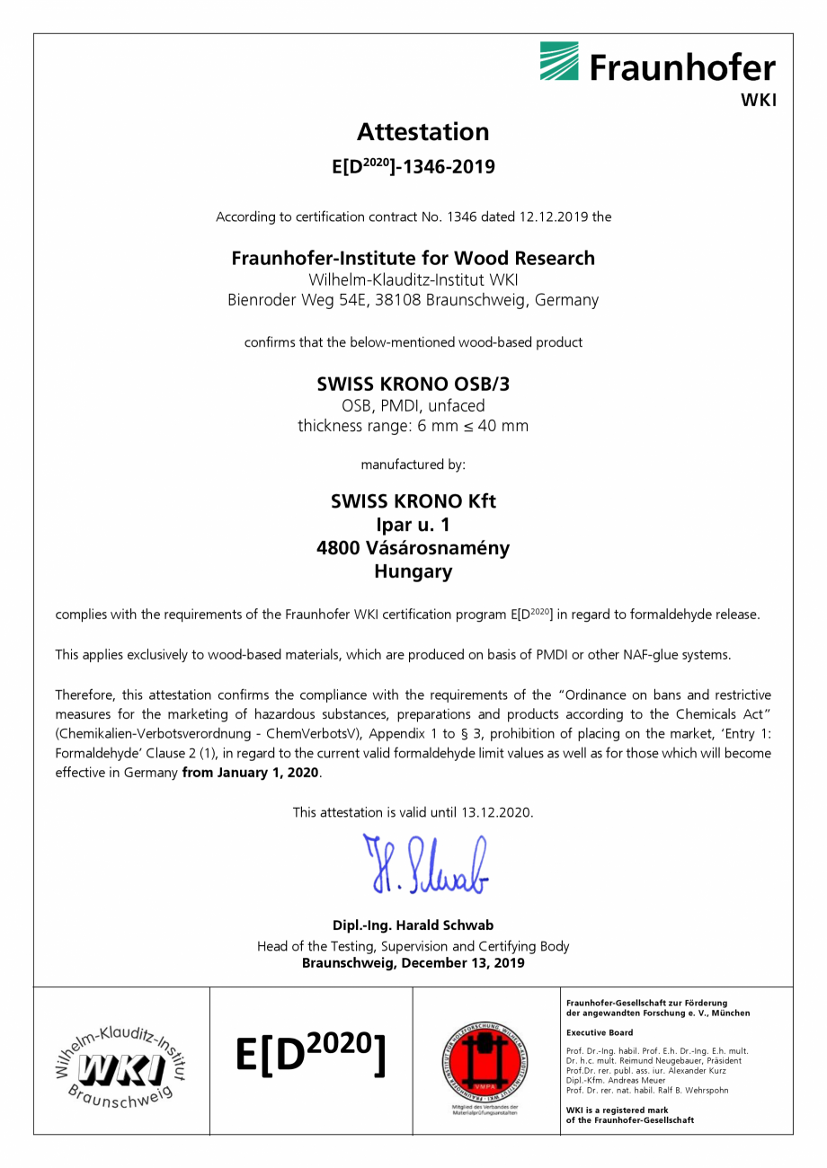 Pagina 1-Atestat Fraunhofer Institut for wood research WELDE OSB3 Certificare produs Engleza Attestation...