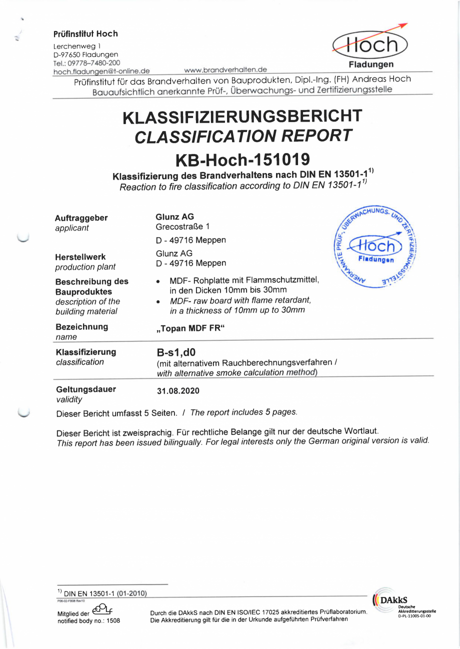 Pagina 1-Certificat pentru placile din MDF ignifug WELDE Certificare produs Engleza, Germana Prüfinstitut...