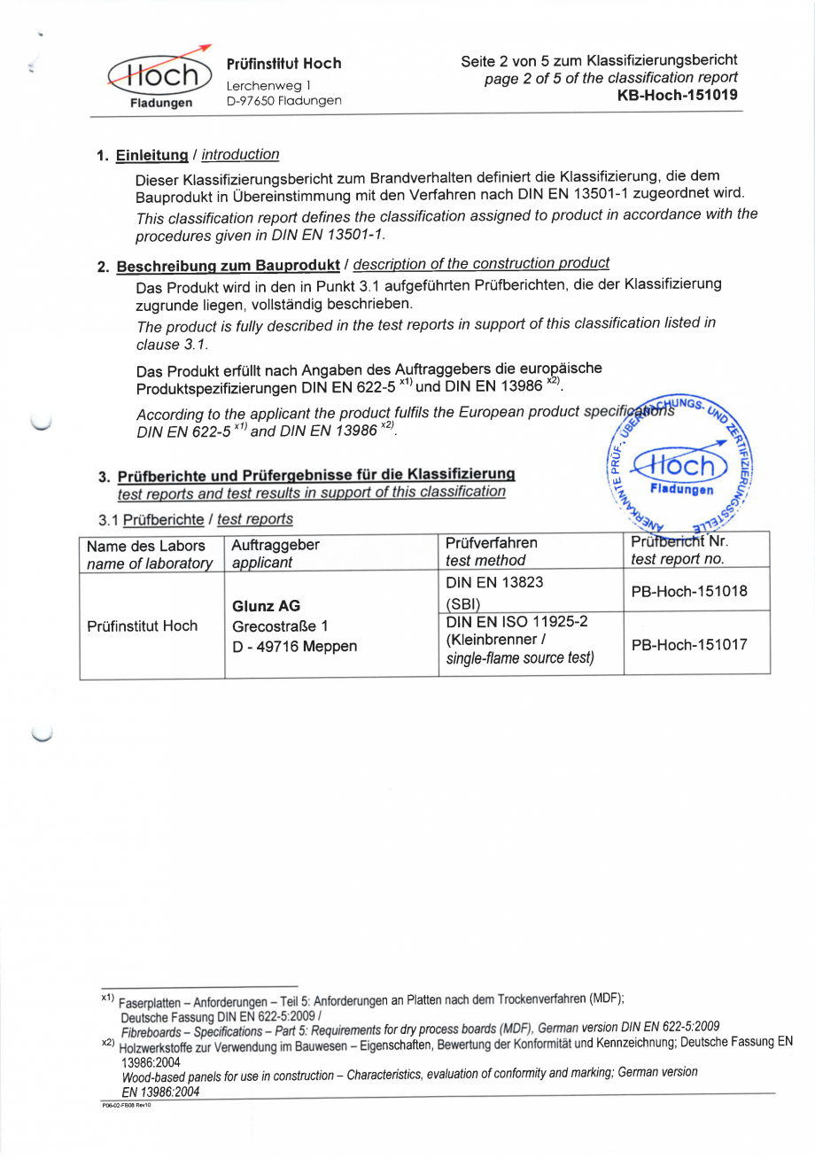 Pagina 2-Certificat pentru placile din MDF ignifug WELDE Certificare produs Engleza, Germana ge gilt nur der ...