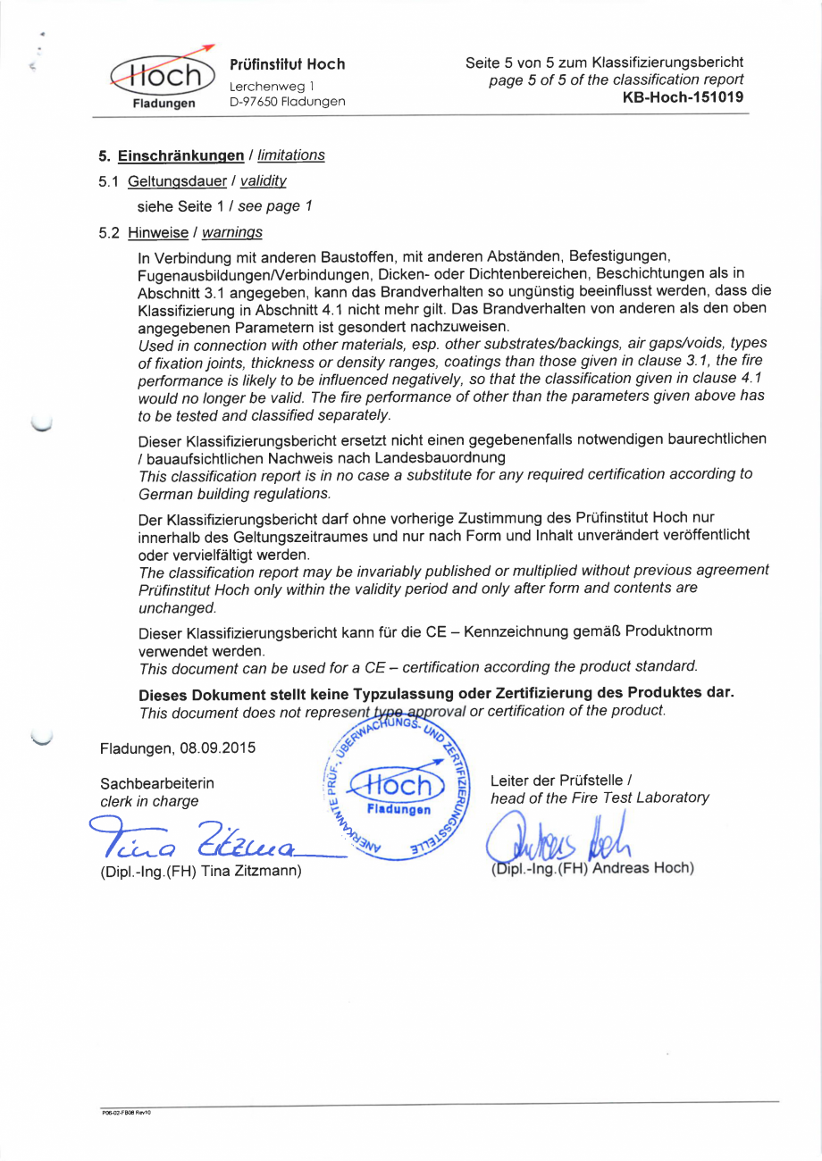 Pagina 6-Certificat pentru placile din MDF ignifug WELDE Certificare produs Engleza, Germana the table:

Fs

...