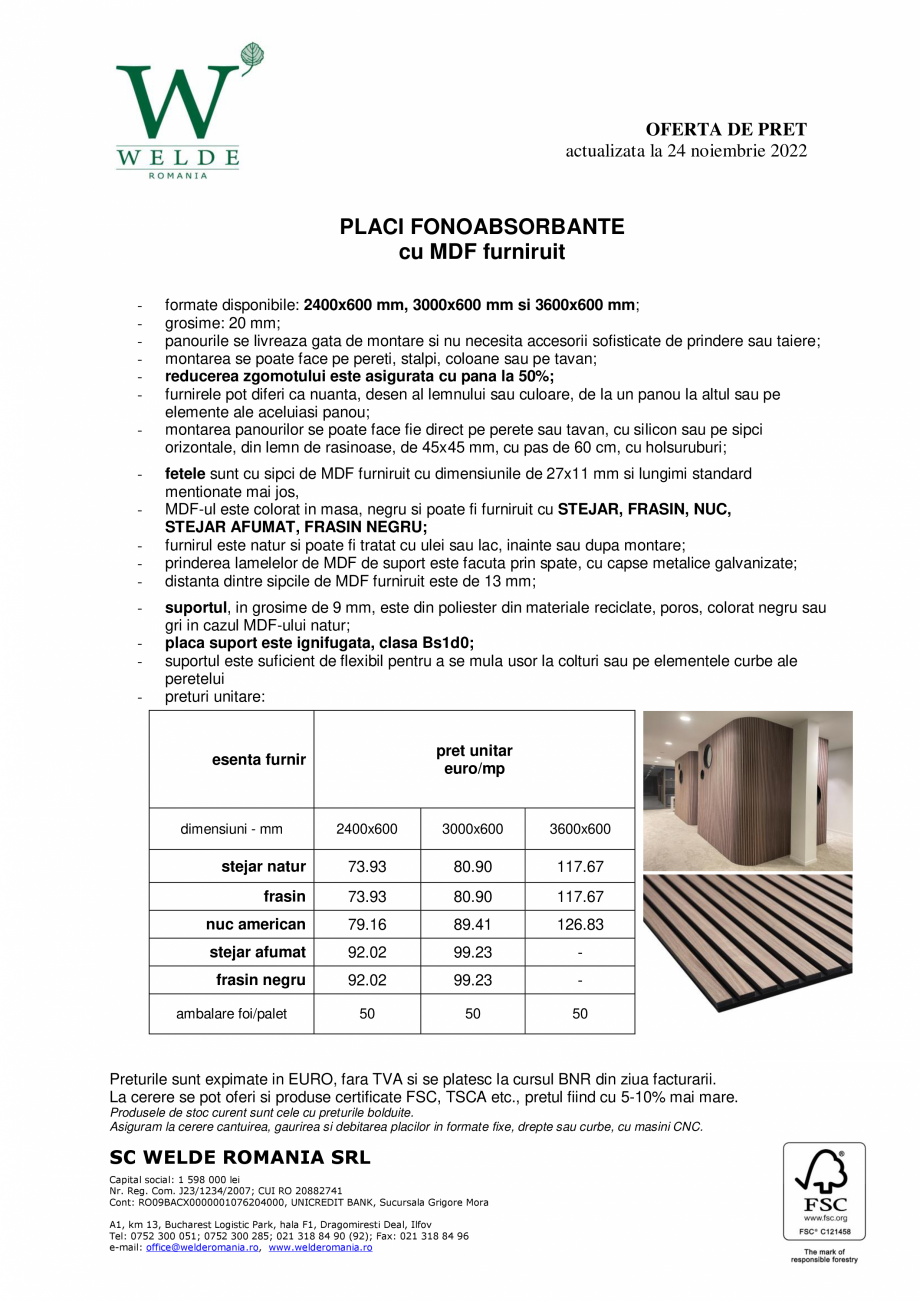 Pagina 1-Oferta placi MDF furniruit fonoabsorbante WELDE Riflaj Fisa tehnica Romana OFERTA DE PRET...