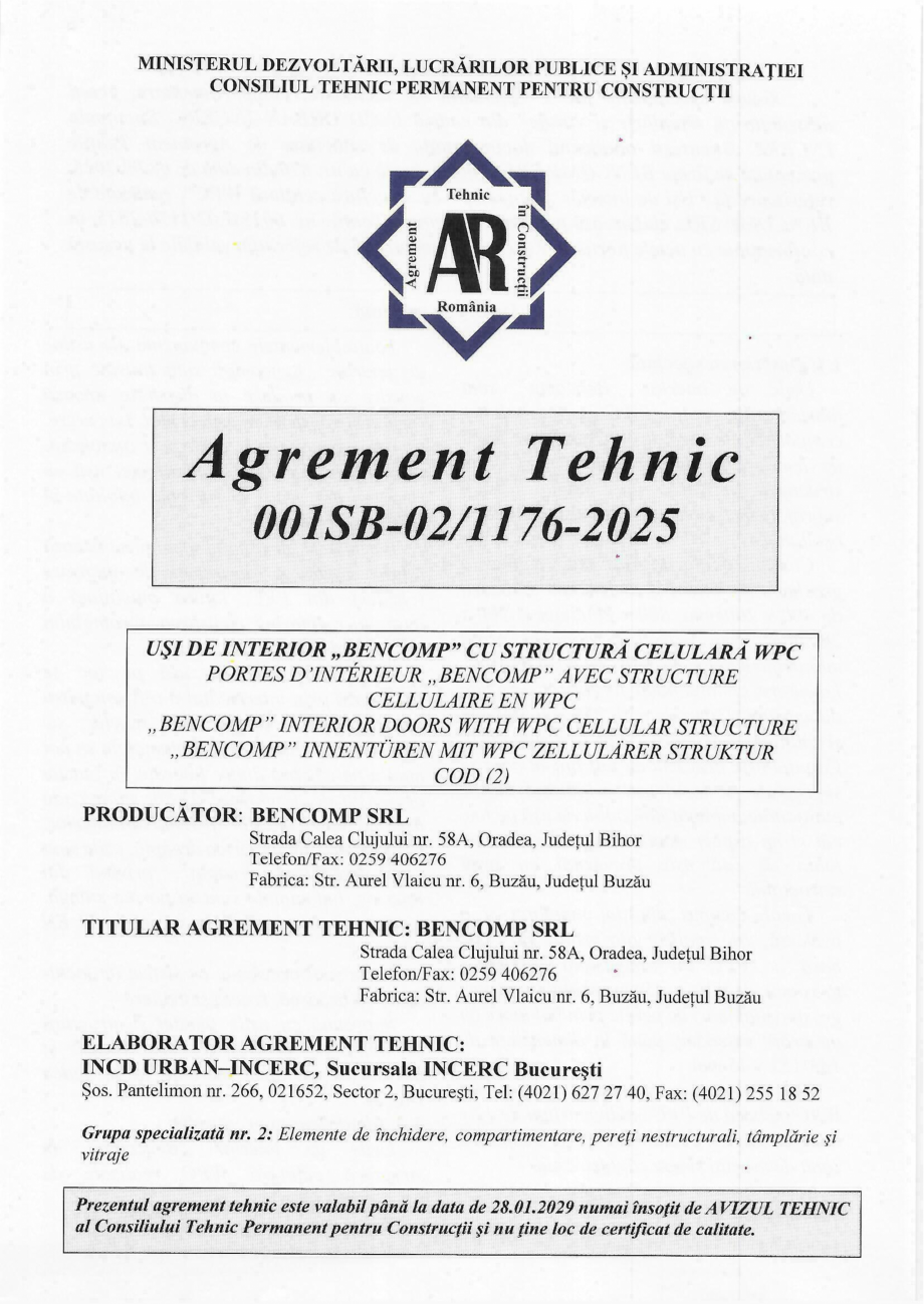 Pagina 1-Agrement tehnic AT 001SB-02/1176-2025 usi Bencomp BENDOORS Apollo, Ares, Artemis, Hera, Atena,...