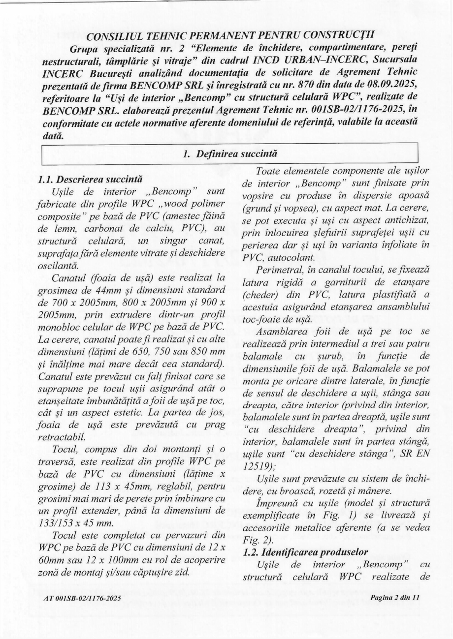 Pagina 2-Agrement tehnic AT 001SB-02/1176-2025 usi Bencomp BENDOORS Apollo, Ares, Artemis, Hera, Atena,...
