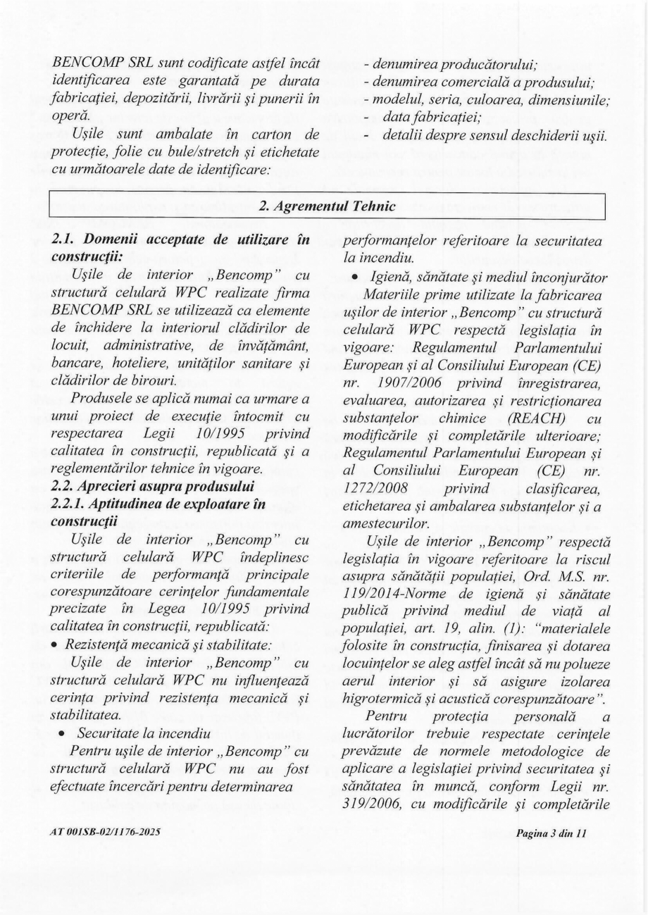 Pagina 3-Agrement tehnic AT 001SB-02/1176-2025 usi Bencomp BENDOORS Apollo, Ares, Artemis, Hera, Atena,...