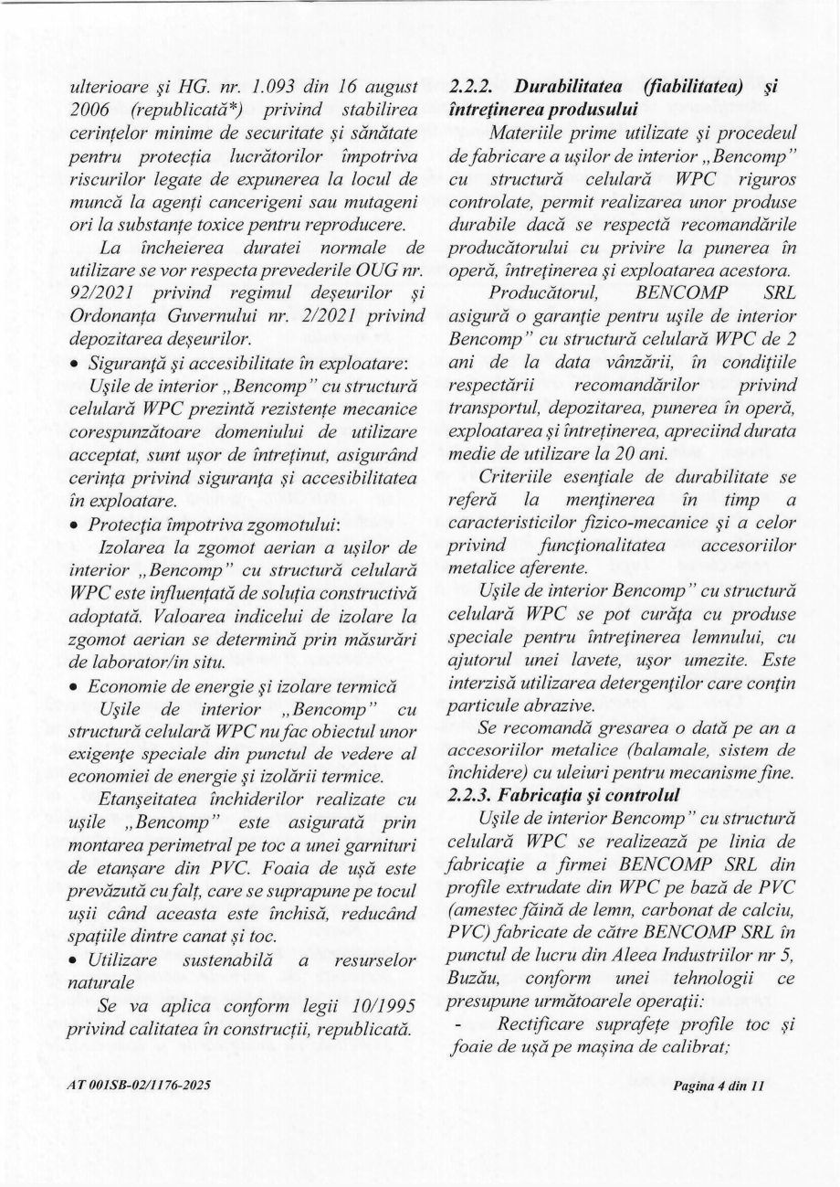 Pagina 4-Agrement tehnic AT 001SB-02/1176-2025 usi Bencomp BENDOORS Apollo, Ares, Artemis, Hera, Atena,...