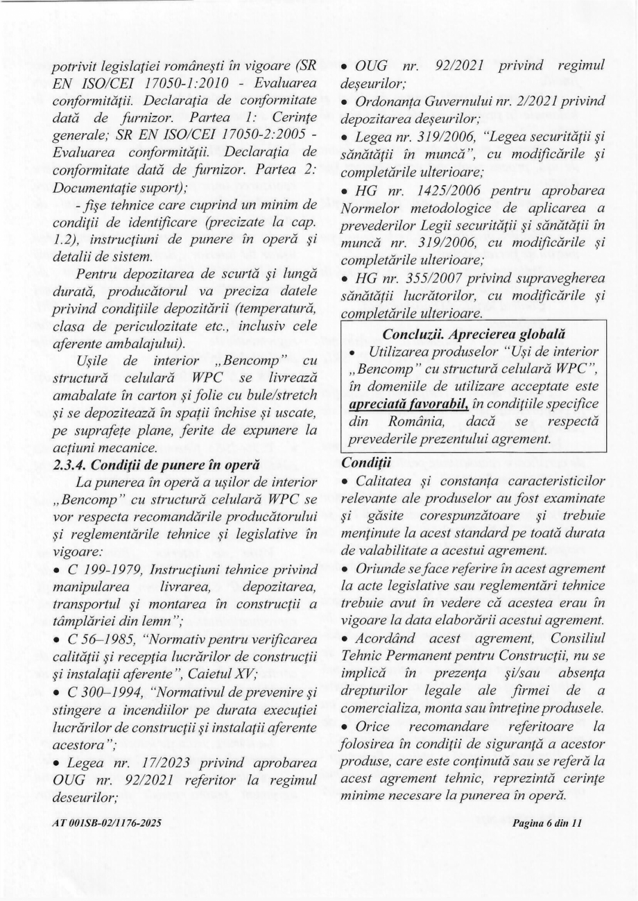 Pagina 6-Agrement tehnic AT 001SB-02/1176-2025 usi Bencomp BENDOORS Apollo, Ares, Artemis, Hera, Atena,...