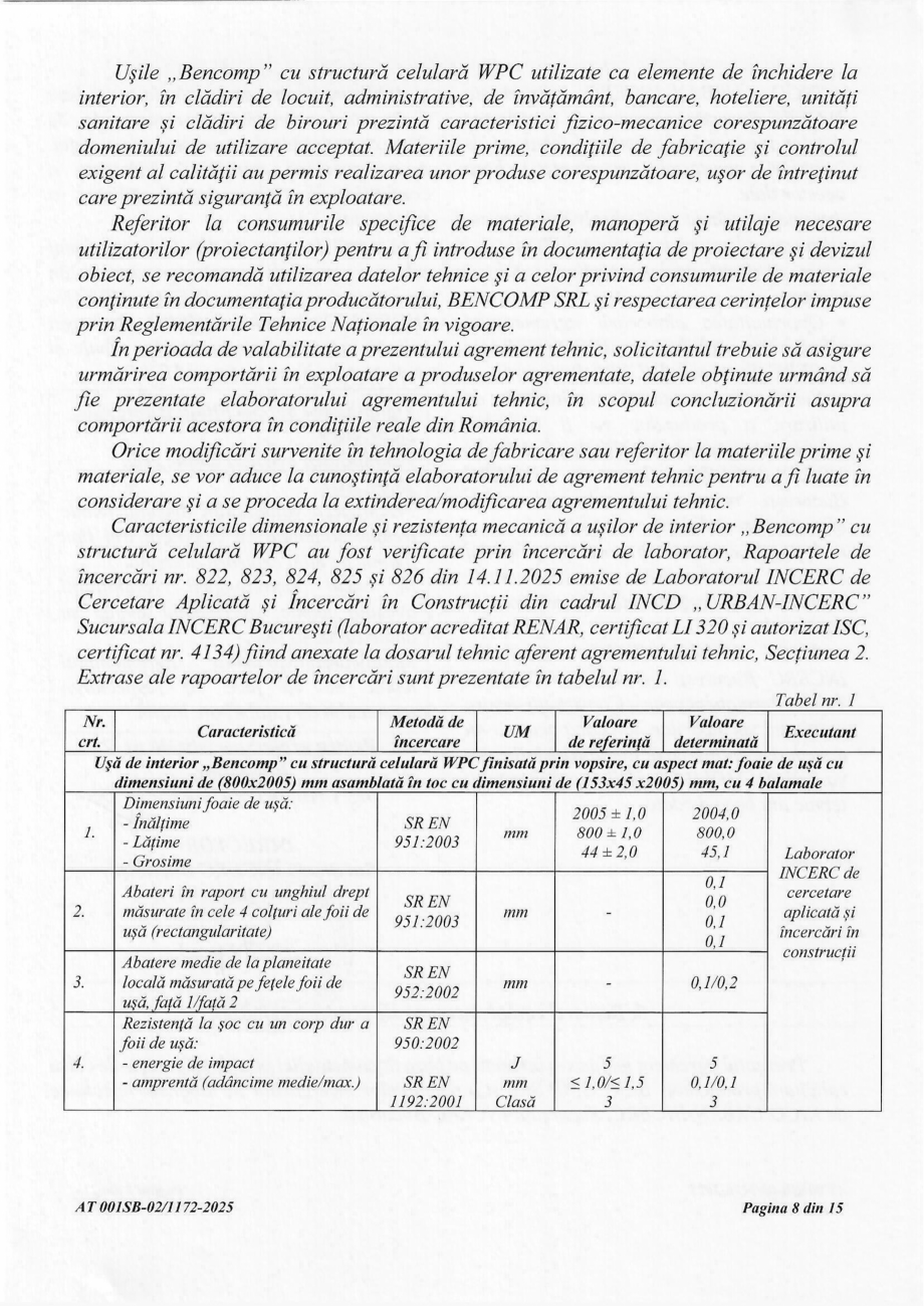 Pagina 8-Agrement tehnic AT 001SB-02/1176-2025 usi Bencomp BENDOORS Apollo, Ares, Artemis, Hera, Atena,...