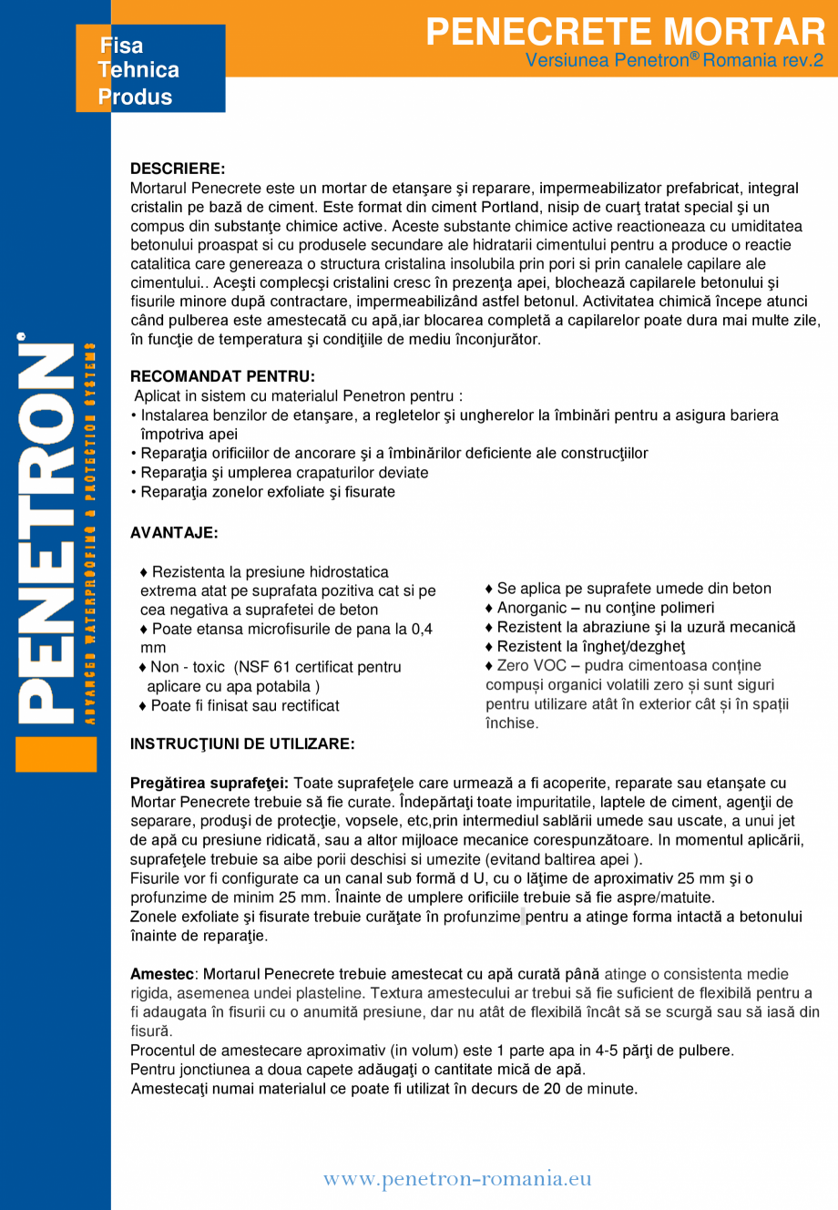 Pagina 1-Mortar de reparare si impermeabilizare pentru beton PENETRON PENECRETE MORTAR Fisa tehnica PENECRETE...