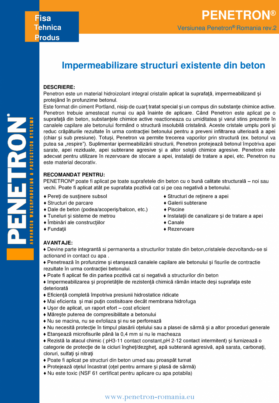 Pagina 1-Material de impermeabilizare integral cristalin PENETRON PENETRON Fisa tehnica PENETRON®
PENETRON®...