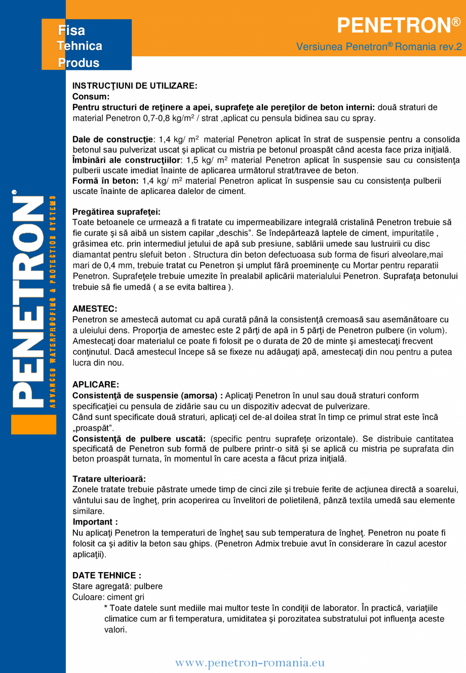 Pagina 2-Material de impermeabilizare integral cristalin PENETRON PENETRON Fisa tehnica Penetron protejează ...