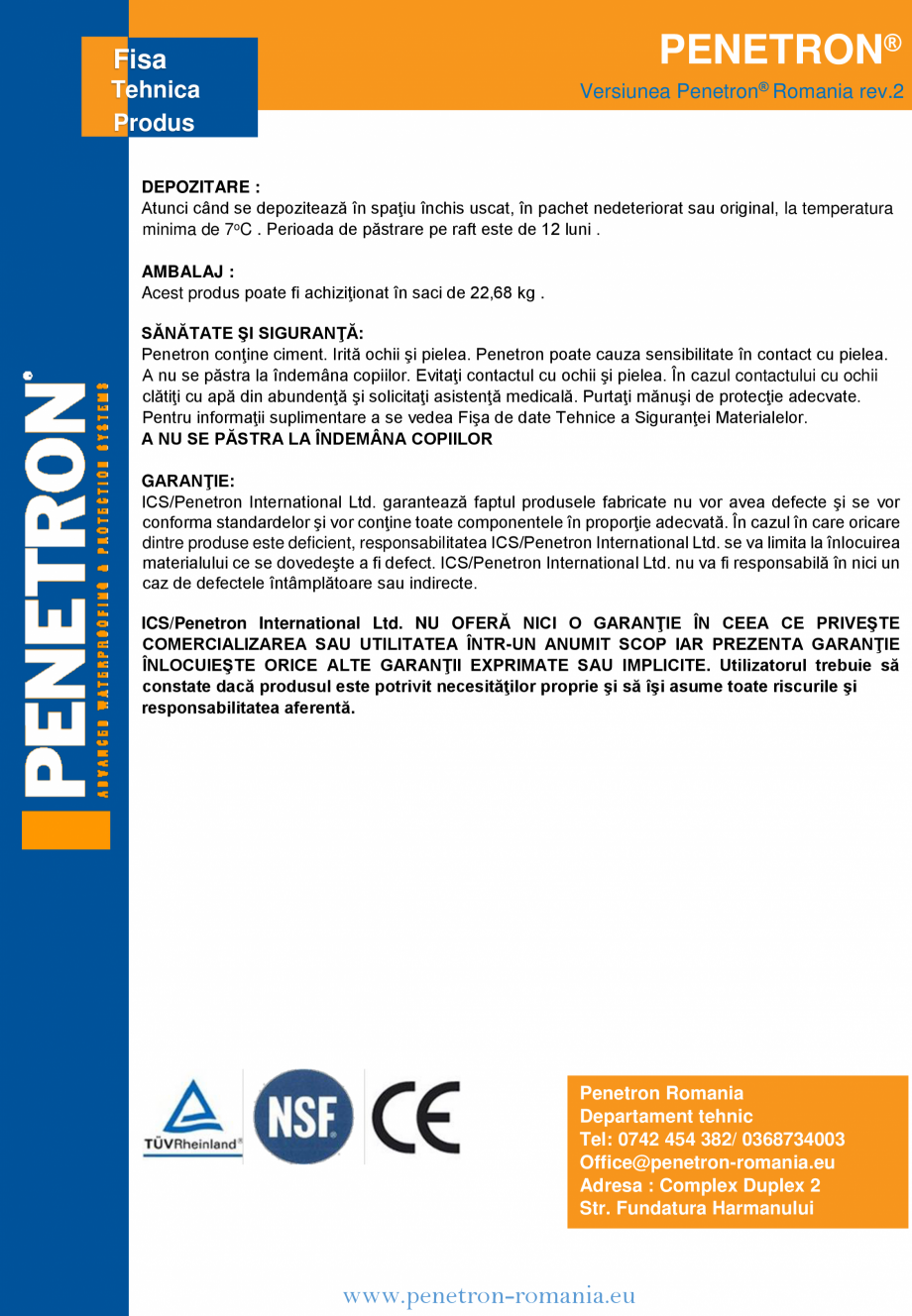 Pagina 3-Material de impermeabilizare integral cristalin PENETRON PENETRON Fisa tehnica nzime şi etanşează...