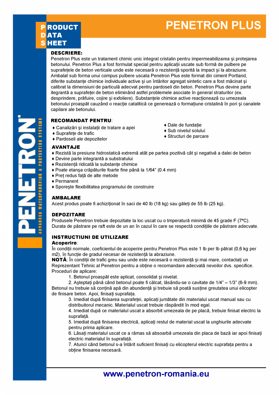 Pagina 1-Mortar cimentos de impermeabilizare pentru beton PENETRON PENETRON PLUS Fisa tehnica PENETRON PLUS

...