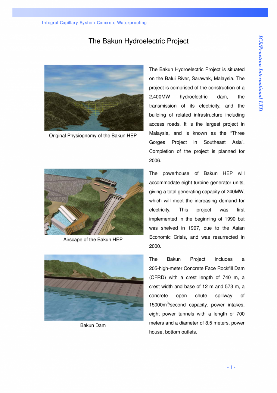 Pagina 1-Proiectul hidroelectric Bakun PENETRON PENETRON, PENETRON ADMIX, PENETRON PLUS Lucrari, proiecte...