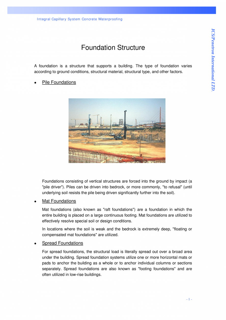 Pagina 1-Structuri de fundatii PENETRON PENETRON PLUS, PENETRON ADMIX, PENETRON Catalog, brosura Engleza...