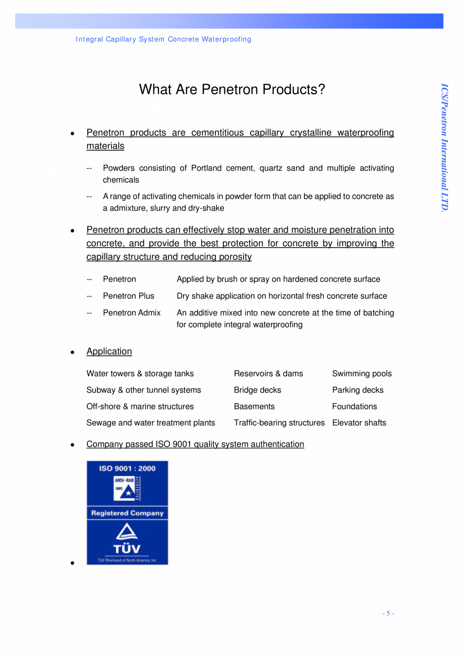 Pagina 5 - Structuri de fundatii PENETRON PENETRON PLUS, PENETRON ADMIX, PENETRON Catalog, brosura...
