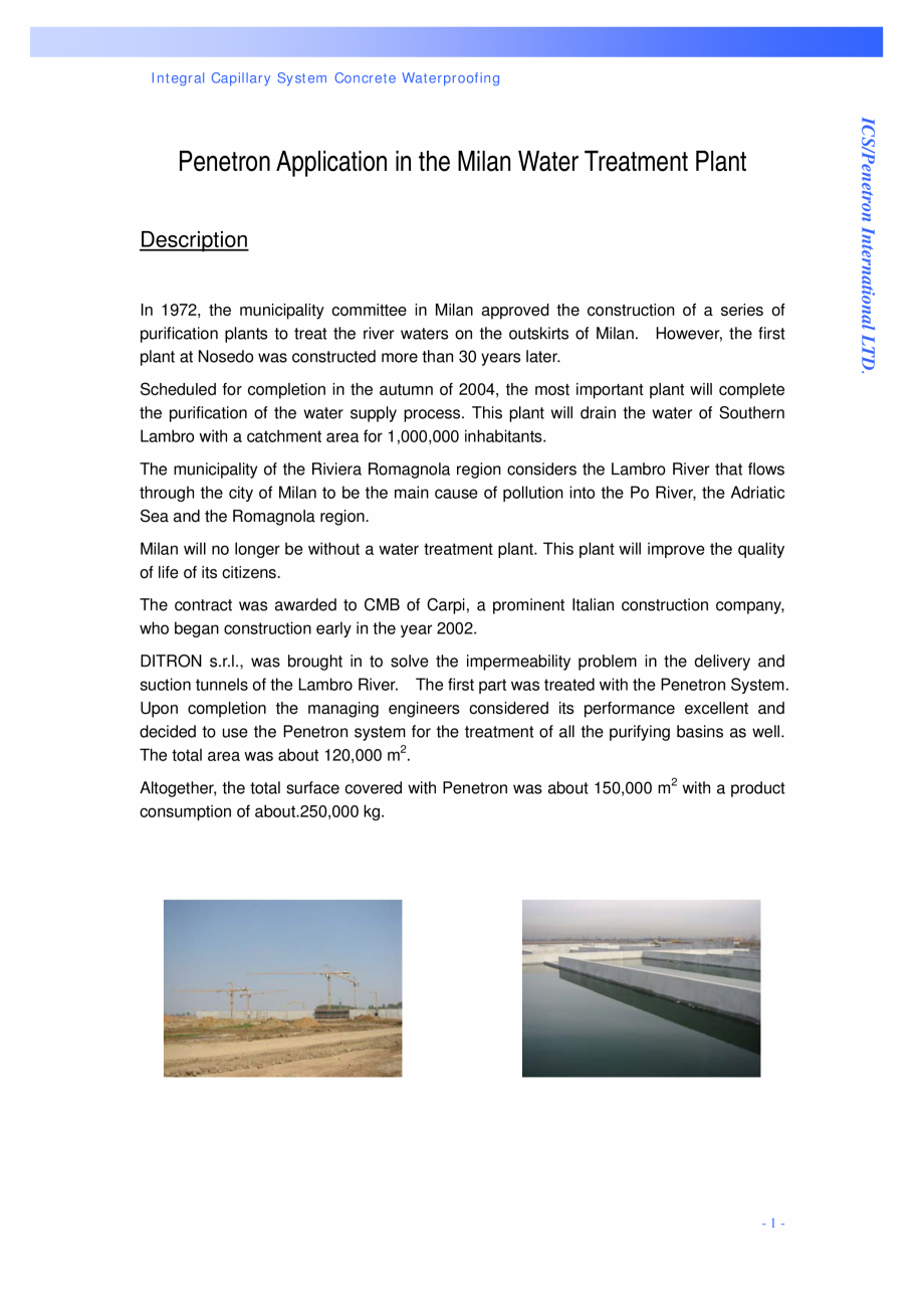 Pagina 1-Statie de epurare a apei - Milano, Italia PENETRON PENECRETE MORTAR, PENETRON Lucrari, proiecte...