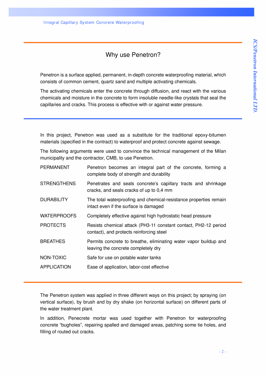 Pagina 2-Statie de epurare a apei - Milano, Italia PENETRON PENECRETE MORTAR, PENETRON Lucrari, proiecte l., ...