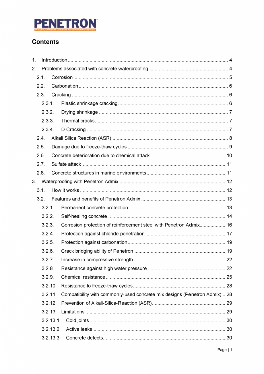 Pagina 2-Avantajele sistemului de impermeabilizare integrala  a betonului Penetron PENETRON PENETRON ADMIX,...