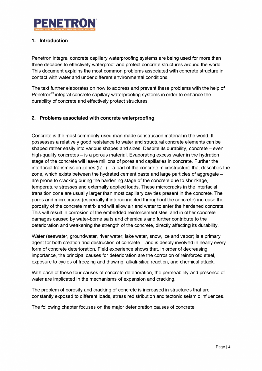 Pagina 5-Avantajele sistemului de impermeabilizare integrala  a betonului Penetron PENETRON PENETRON ADMIX,...