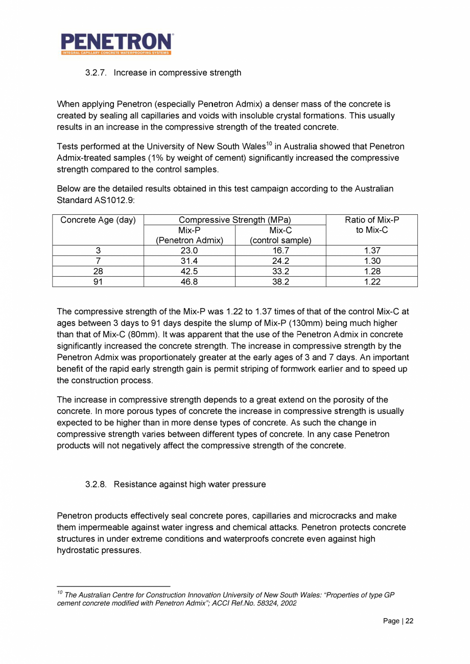 Pagina 23-Avantajele sistemului de impermeabilizare integrala  a betonului Penetron PENETRON PENETRON ADMIX,...