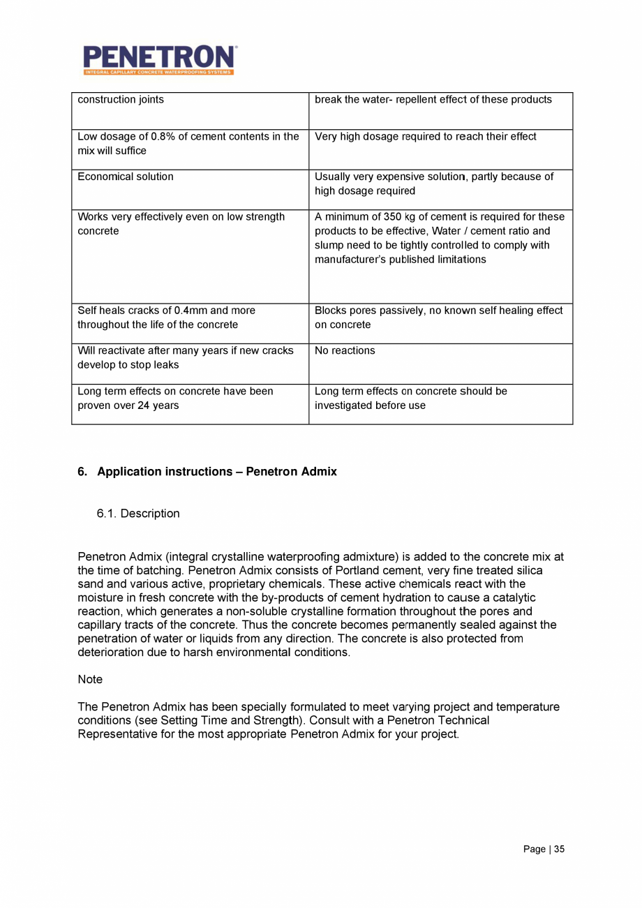 Pagina 36-Avantajele sistemului de impermeabilizare integrala  a betonului Penetron PENETRON PENETRON ADMIX,...