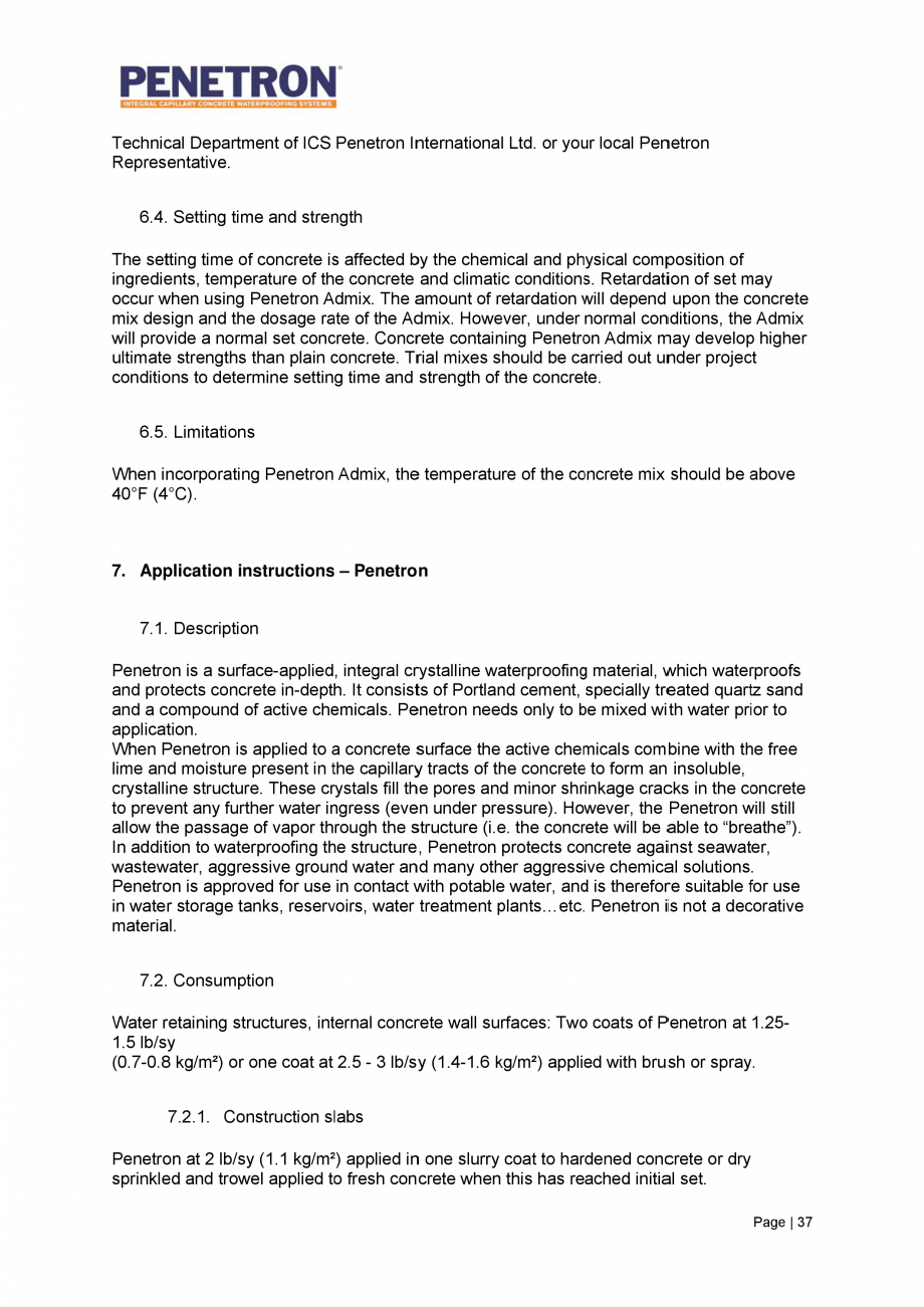 Pagina 38-Avantajele sistemului de impermeabilizare integrala  a betonului Penetron PENETRON PENETRON ADMIX,...