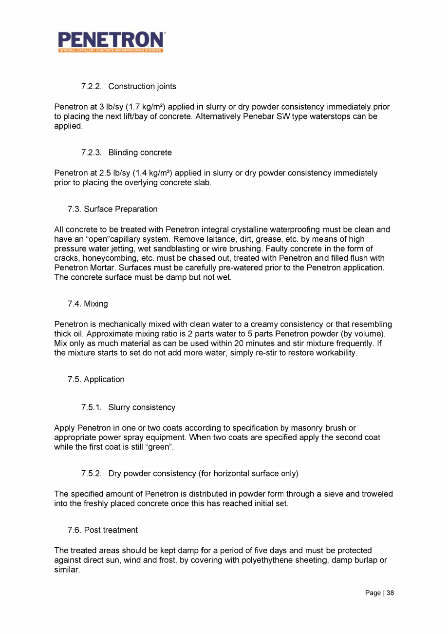 Pagina 39-Avantajele sistemului de impermeabilizare integrala  a betonului Penetron PENETRON PENETRON ADMIX,...